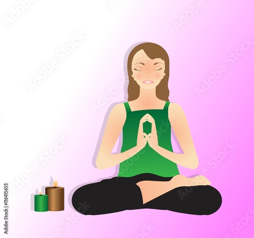 Illustrazione vettoriale di bella giovane donna che pratica yoga, meditazione in Posizione Del Loto