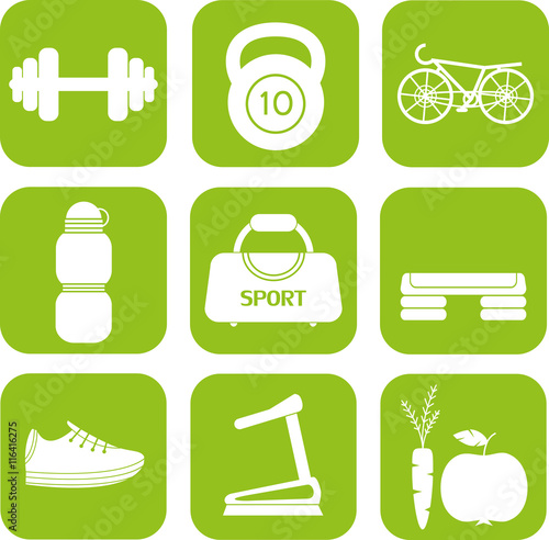 Sport equipment and health life. Flat icons set