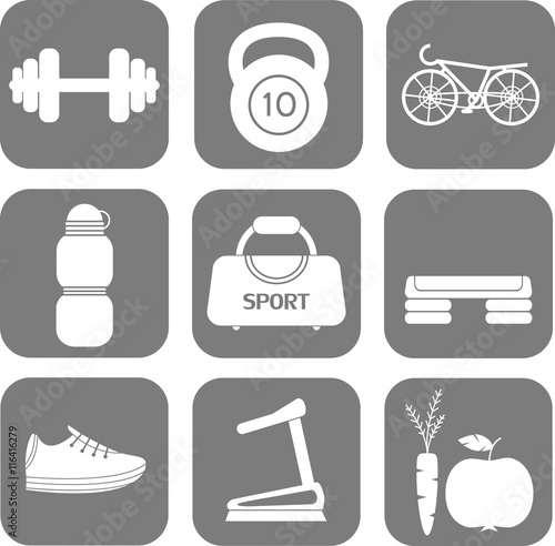 Sport equipment and health life. Flat icons set