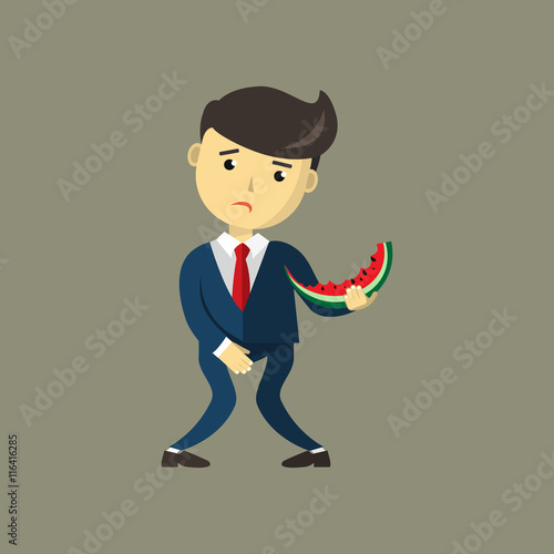 Man eating Watermelon. He wants to pee and is holding his bladder. Guy needing to urinate by covering his crotch hand, must holding a toilet. Incontinence concept. Flat cartoon vector illustration