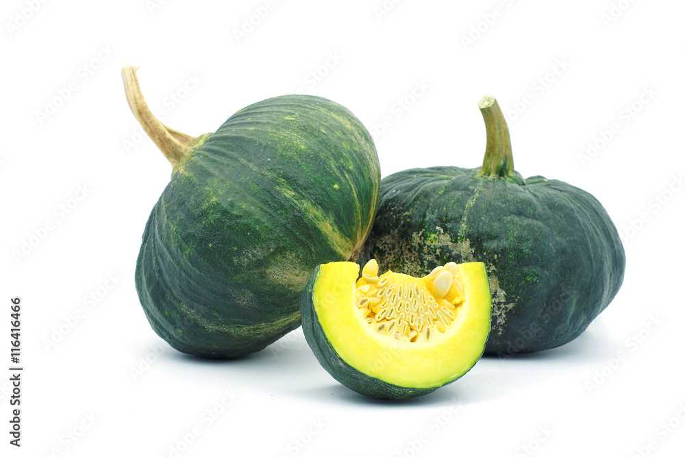 Small piece of green asian pumpkin on white background. Small piece of green asian pumpkin on white background.