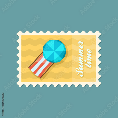 Beach chaise lounge with umbrella stamp. Vacation