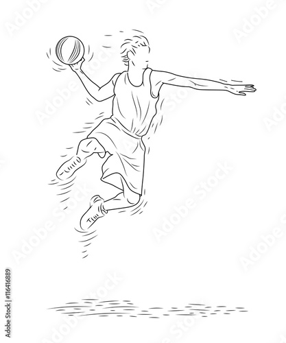Basketball Player in Slam Dunk Action, Basketball Sport Motion, Hand Drawn Sketch