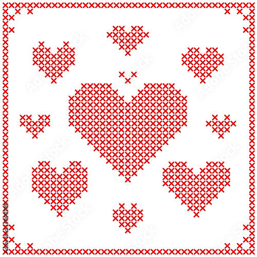 Set of cross stitch embroidery hearts.