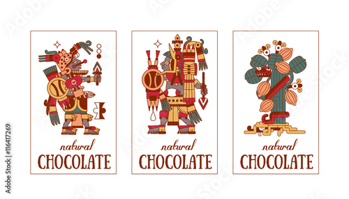 sketch drawing aztec cacao bean, leaves, nibs, pattern for choco