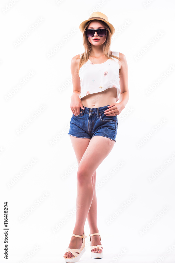 Portrait of beutiful girl ready for summer travel on white Portrait of beutiful girl ready for summer travel on white