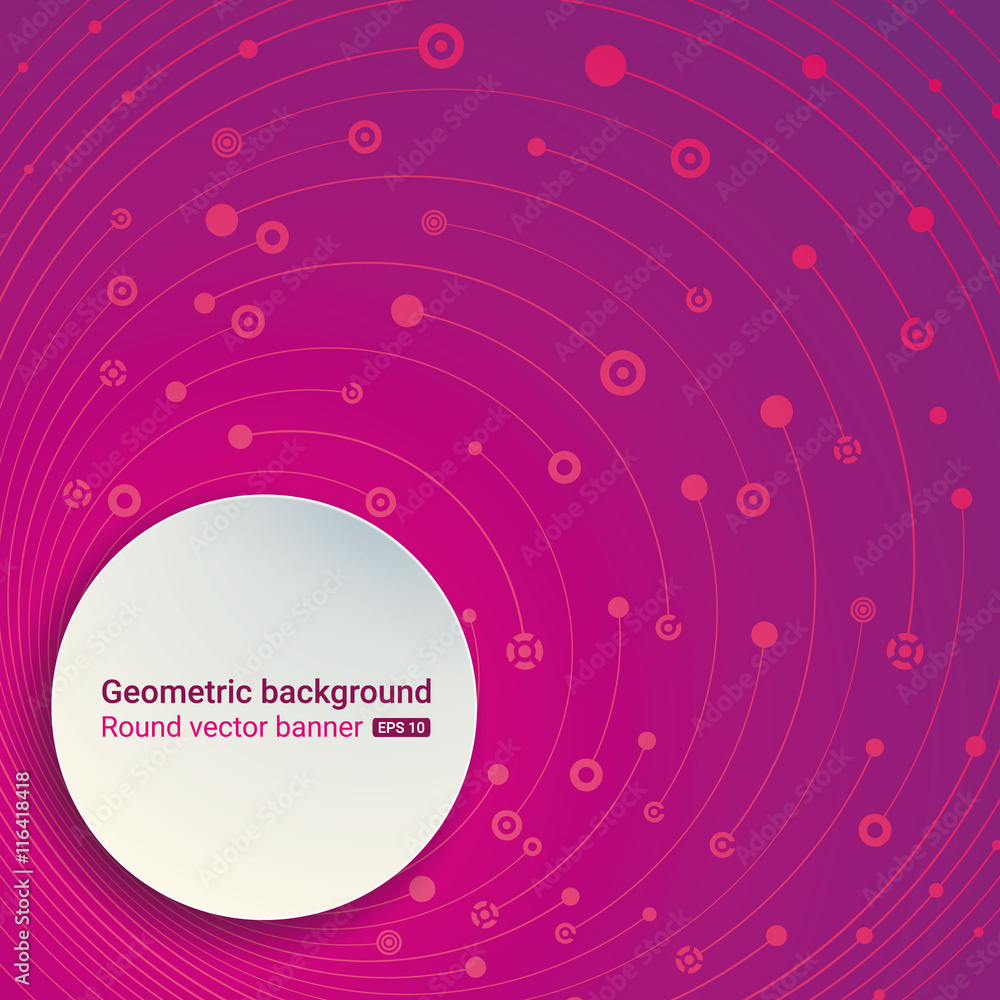 Colorful background with a round banner. Empty space for text. Crossing the dots, circles, lines, symbols. The chaotic motion. Theme of medicine, science, technology, global communications. Vector. Colorful background with a round banner. Empty space for text. Crossing the dots, circles, lines, symbols. The chaotic motion. Theme of medicine, science, technology, global communications. Vector.