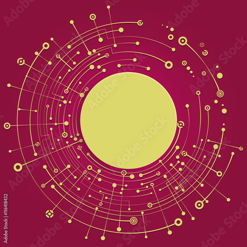 Colorful background with a round banner. Empty space for text. Crossing the gold dots, circles, lines, symbols. The chaotic motion. Theme of medicine, science, technology, communications. 