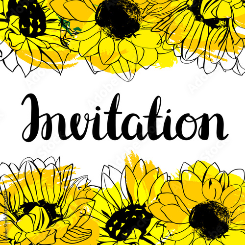 Vector invitation design with vibrant yellow sunflowers, imitati