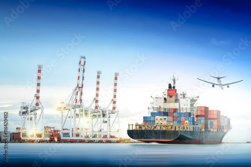 Logistics and transportation of Container Cargo ship and Cargo plane with working crane bridge in shipyard background, logistic import export background and transport industry.