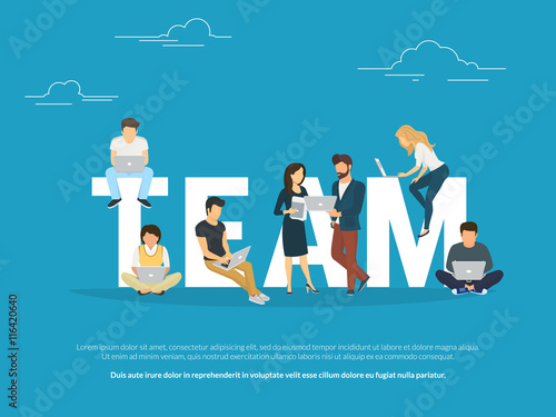 Project teamwork concept illustration of business people working together as team. Manager, designer, programmer and other colleagues using laptops. Flat design for for website banner and landing page