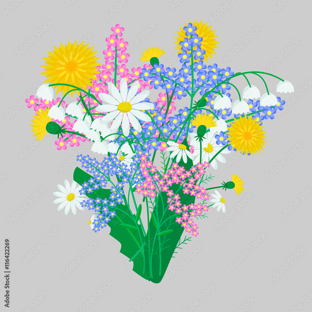 vector illustration bouquet of wild flowers daisy dandelion lily on a gray background