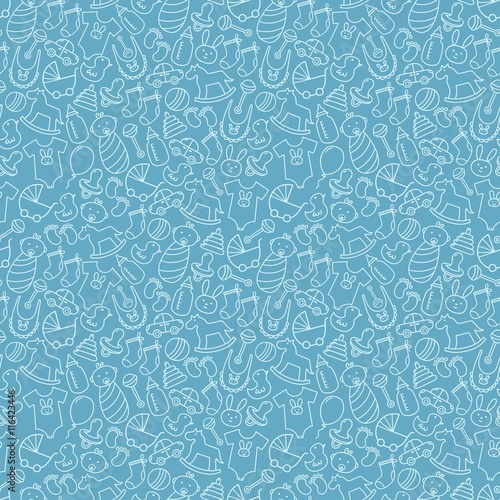 Baby shower outline seamless pattern with cute doodle icons