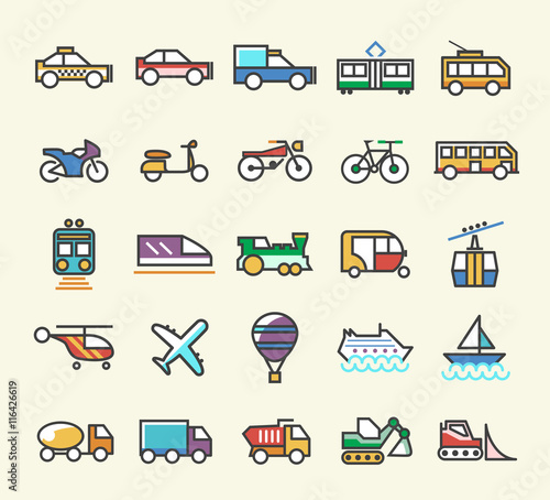 Set of 25 Minimalistic Solid Line Coloured nsport Icons. Isolated Vector Elements.