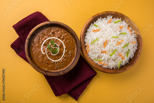 Dal Makhani or daal makhni or Daal makhani, indian lunch/dinner item served with plain rice and butter Roti, Chapati, Paratha and salad photo