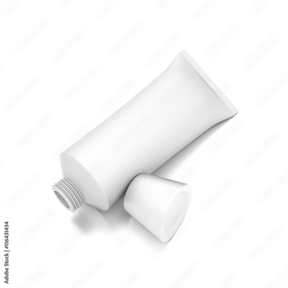 White horizontal cosmetic cream tube from top front closeup angle. White horizontal cosmetic cream tube from top front closeup angle.