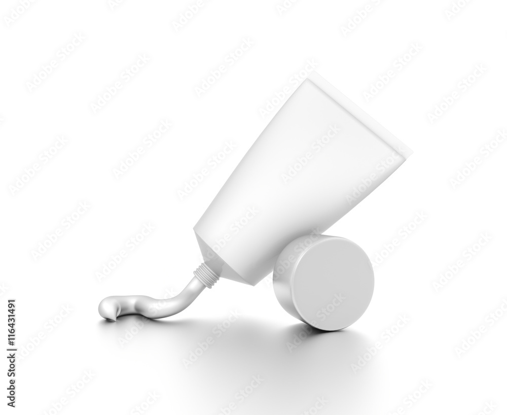 White vertical squeezed cosmetic cream tube from front far angle. White vertical squeezed cosmetic cream tube from front far angle.