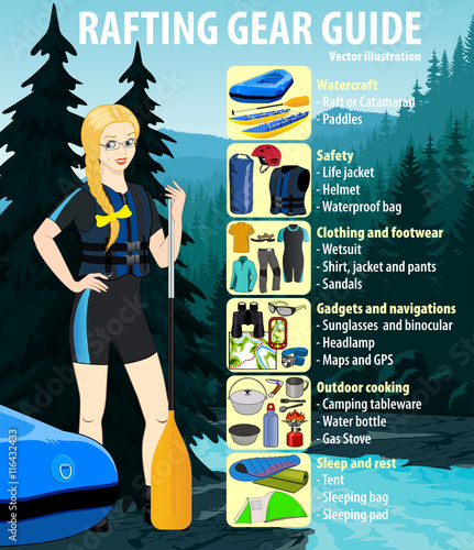 Rafting gear guide infographic vector illustration