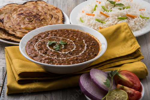 Dal Makhani or daal makhni or Daal makhani, indian lunch/dinner item served with plain rice and butter Roti, Chapati, Paratha and salad