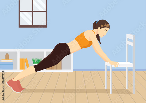 Busy woman workout at home with white chair. Push up. Illustration about healthy lifestyle.