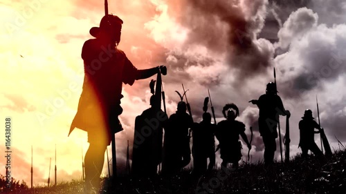 troop of historical gladiators marching together. 