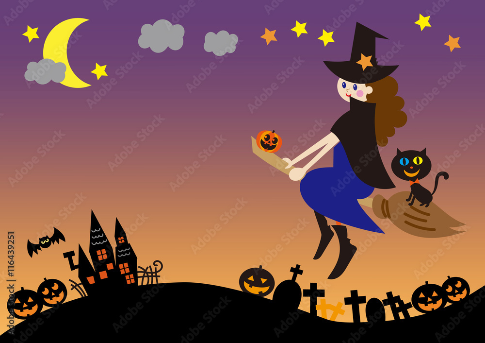 ハロウィン素材 魔女 夜空 風景シルエット Stock Illustration Adobe Stock ハロウィン素材 魔女 夜空 風景シルエット Stock Illustration Adobe Stock