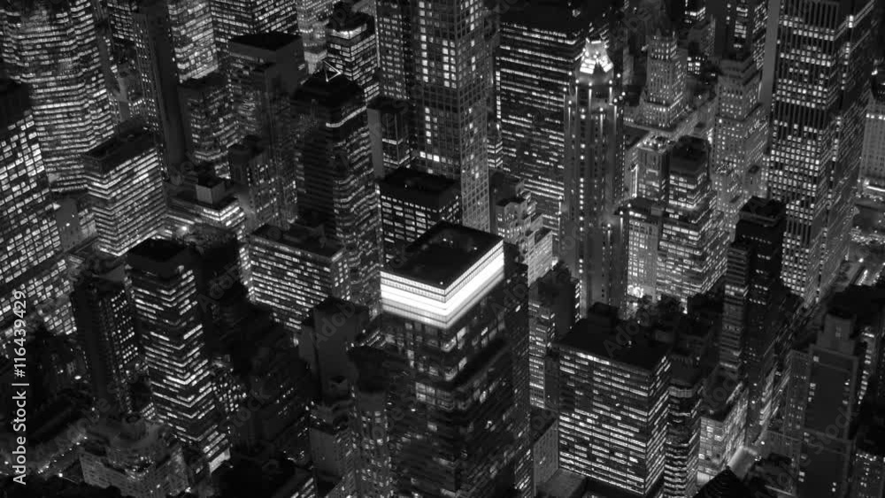 aerial establishment shot of new york city skyline. business buildings district