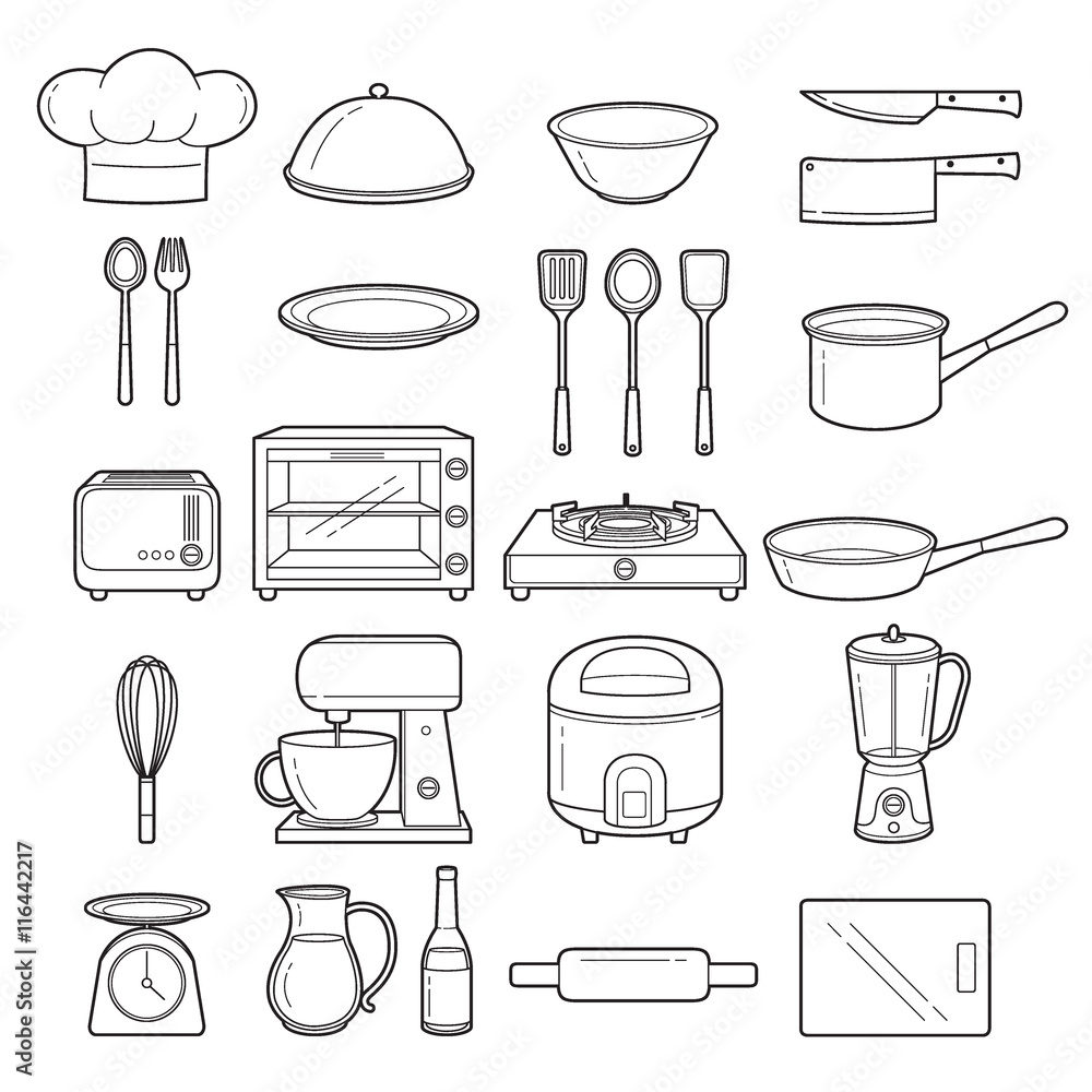 Kitchen Appliances And Dishware Vector Icons Set Stock