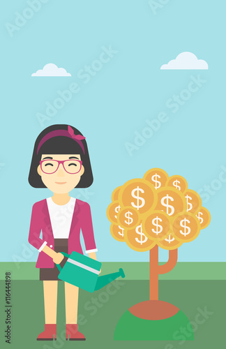 Woman watering money tree vector illustration.