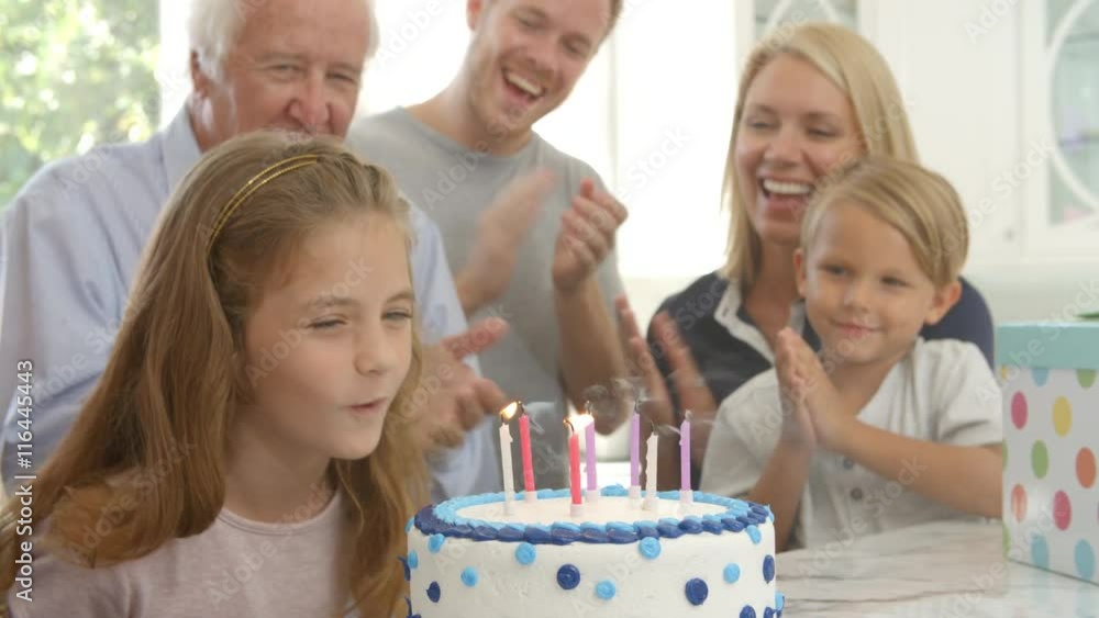 Girl Blows Out Candles On Birthday Cake, Slow Motion Girl Blows Out Candles On Birthday Cake, Slow Motion