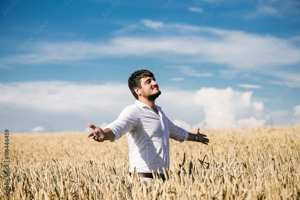 handsome businessman stands in a field of wheat. Raised arms. ou handsome businessman stands in a field of wheat. Raised arms. ou