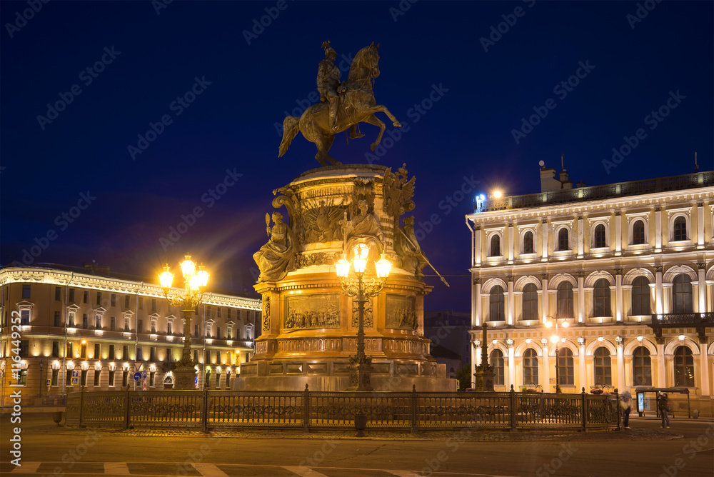 Monument to Nicholas I on St. Isaac's square, july night. Saint Petersburg, Russia