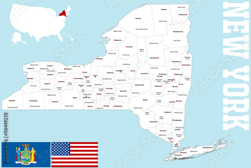 A large and detailed map of the State of New York with all counties and main cities. photo