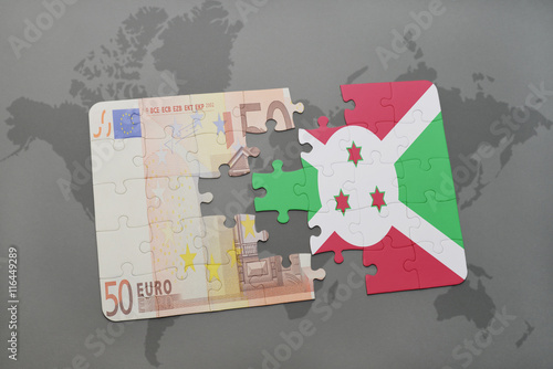 puzzle with the national flag of burundi and euro banknote on a world map background.