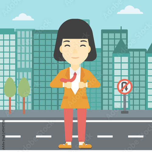 Business woman opening her jacket like superhero.