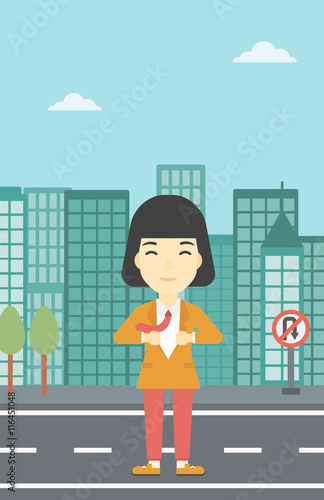 Business woman opening her jacket like superhero.