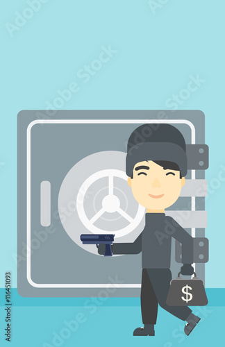 Burglar with gun near safe vector illustration.