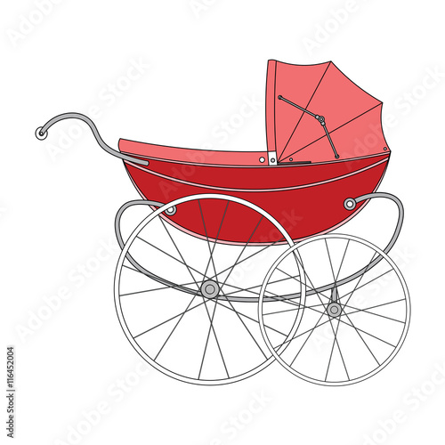 Vintage red old authentic vintage stroller with big wheels for little newborn baby girl.