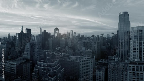 aerial establishment shot of new york city skyline. business buildings district