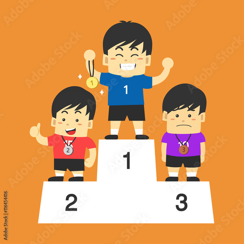 Athletes standing on the podium of champion. The 1st Winner is v