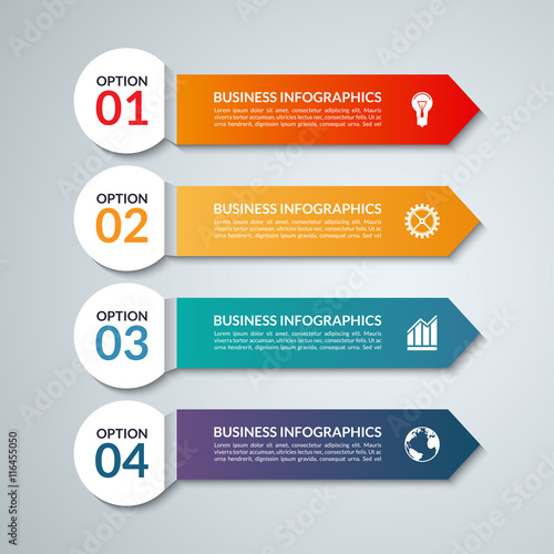 Infographic options banner with 4 arrows, steps, parts. Vector colorful template, what can be used for workflow layout, diagram, chart, report presentation, step by step infographics, web design.