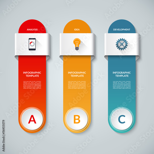 Infographic template with 3 options, steps, parts, circles, vertical bars. Vector banner with the set of flat icons and design elements. Can be used for graph, chart, diagram, report, web design
