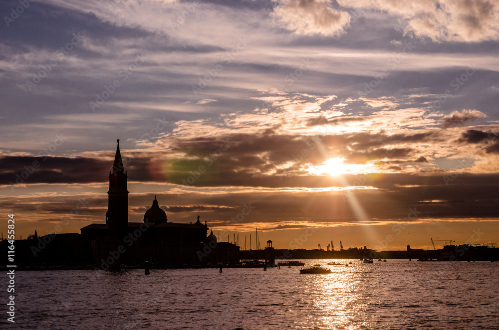 Sunset. Basin of San Marco. The church and monastery at island San Giorgio Maggiore in Venice, Italy