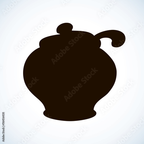 Clay pot with spoon. Vector sketch