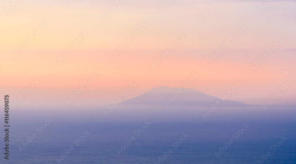 Samothraki island in the morning mist - view from the highest point on Thassos island - obrazy, fototapety, plakaty 