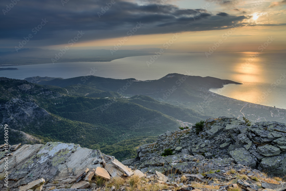 Sunrise over Thassos Island, Greece - view from Mount Ipsarion - beautiful sunlight over the sea - amazing seascape - obrazy, fototapety, plakaty 