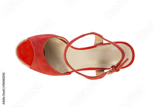 Women's red sandals on a white background, online shop