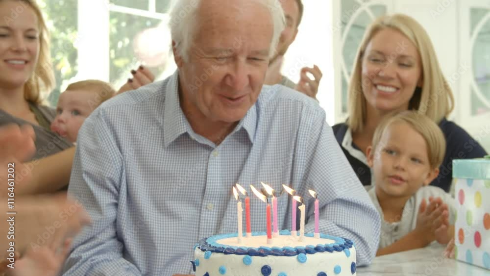Grandfather Blows Out Candles On Birthday Cake Shot, Slow Motion Grandfather Blows Out Candles On Birthday Cake Shot, Slow Motion