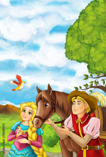 Cartoon scene with young prince and princess and a horse in the garden - handsome man and beautiful manga girl - illustration for children © honeyflavour