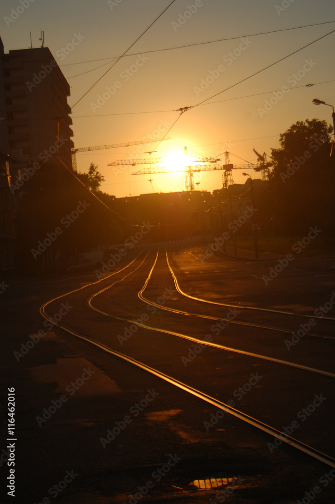 Old tram tracks at sunset